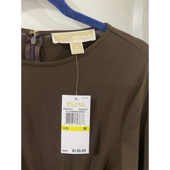 Michael Kors Brown Faux Wrap Dress M Long Sleeve Gold Buckle NWT Career Party - Picture 2 of 2
